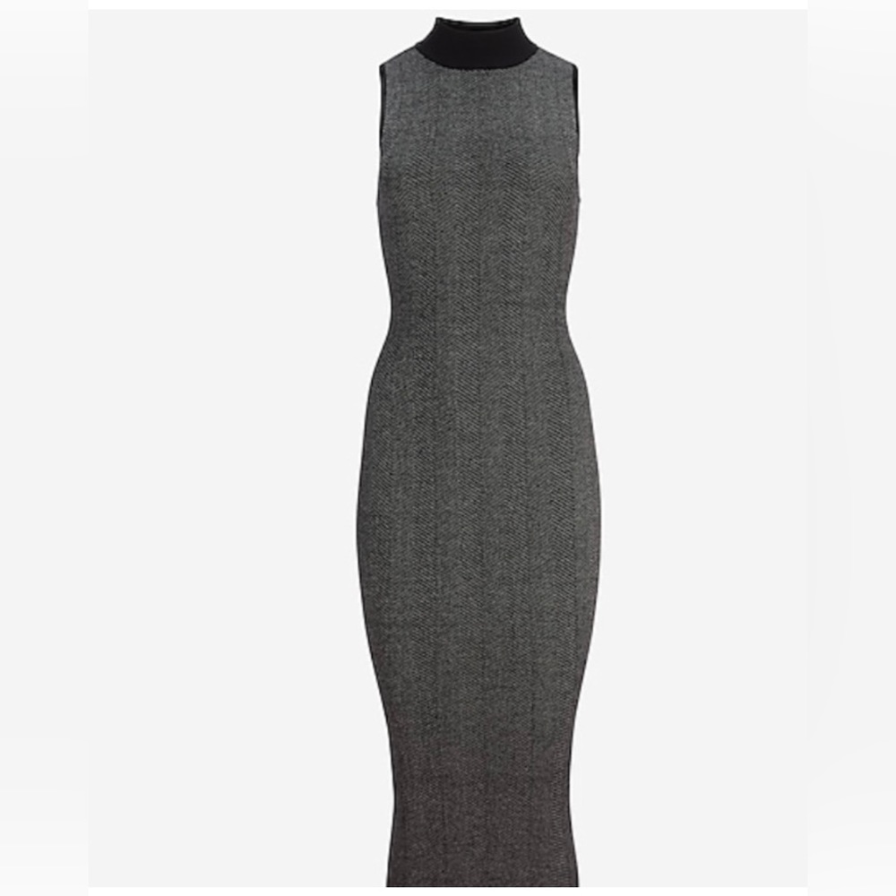 Herringbone, mock neck, sleeveless sweater, dress in gray print.